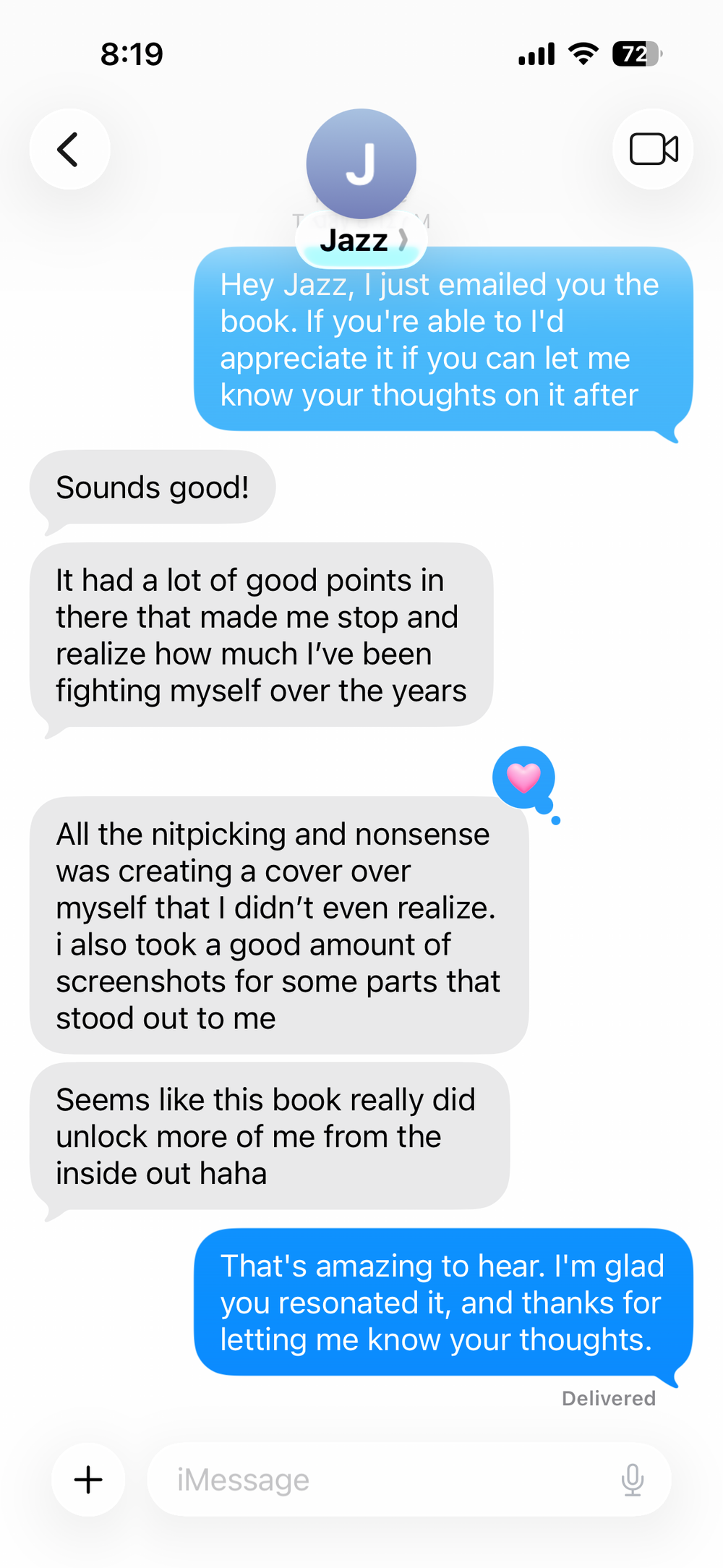 Reader text message review screenshot