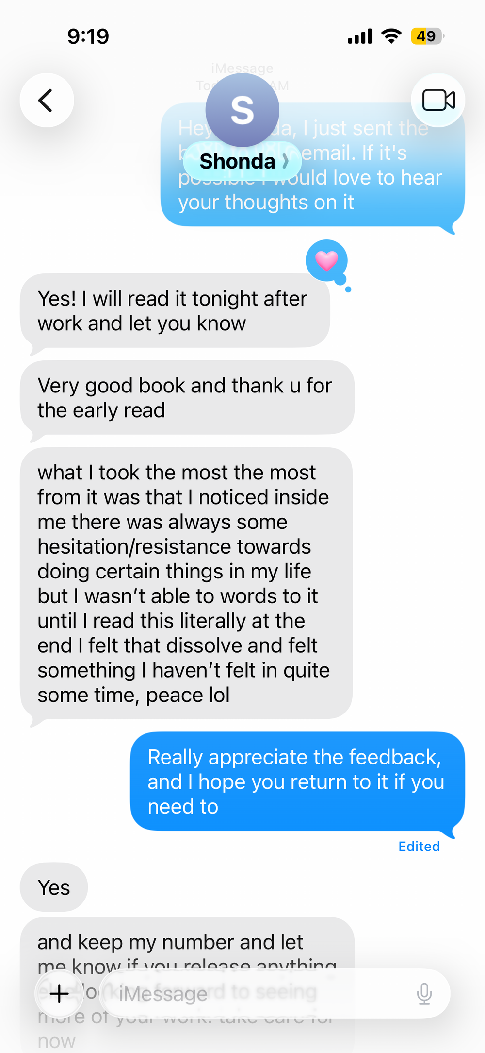 Reader text message review screenshot